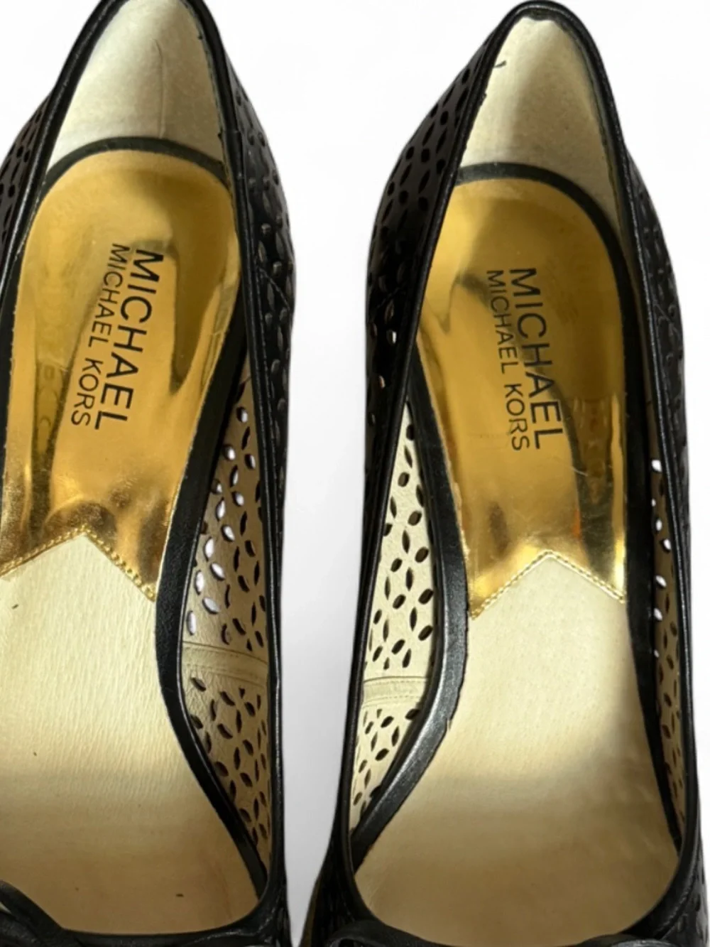 MICHAEL Michael Kors Black Perforated Peep-Toe Wedges with Gold Emblem